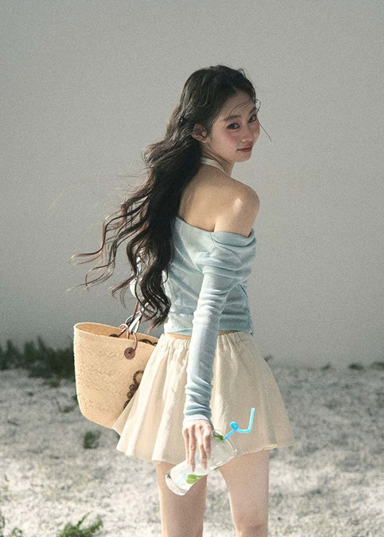 aomalm top, off shoulder top, halter layered top, korean fashion top, lyocell long sleeve top, feminine spring top, slim fit off shoulder blouse, romantic korean outfit, soft blue top women, fake two piece top, elegant casual top, spring summer top women