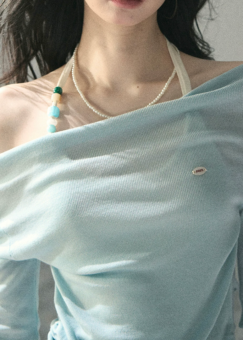 aomalm top, off shoulder top, halter layered top, korean fashion top, lyocell long sleeve top, feminine spring top, slim fit off shoulder blouse, romantic korean outfit, soft blue top women, fake two piece top, elegant casual top, spring summer top women