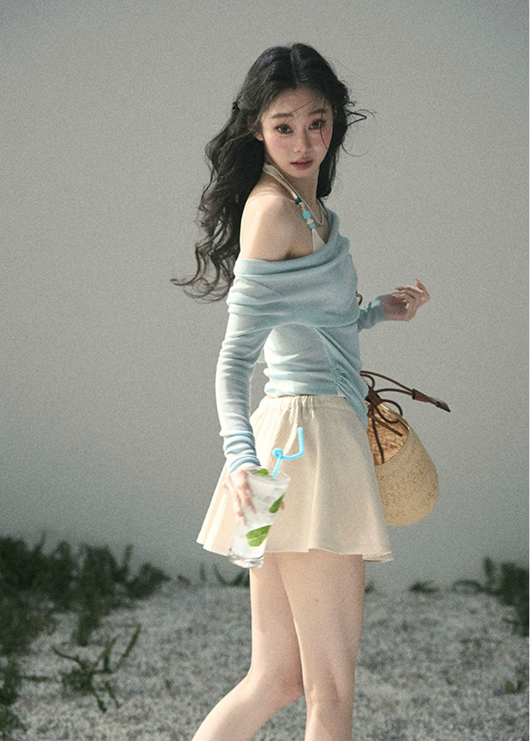 aomalm top, off shoulder top, halter layered top, korean fashion top, lyocell long sleeve top, feminine spring top, slim fit off shoulder blouse, romantic korean outfit, soft blue top women, fake two piece top, elegant casual top, spring summer top women