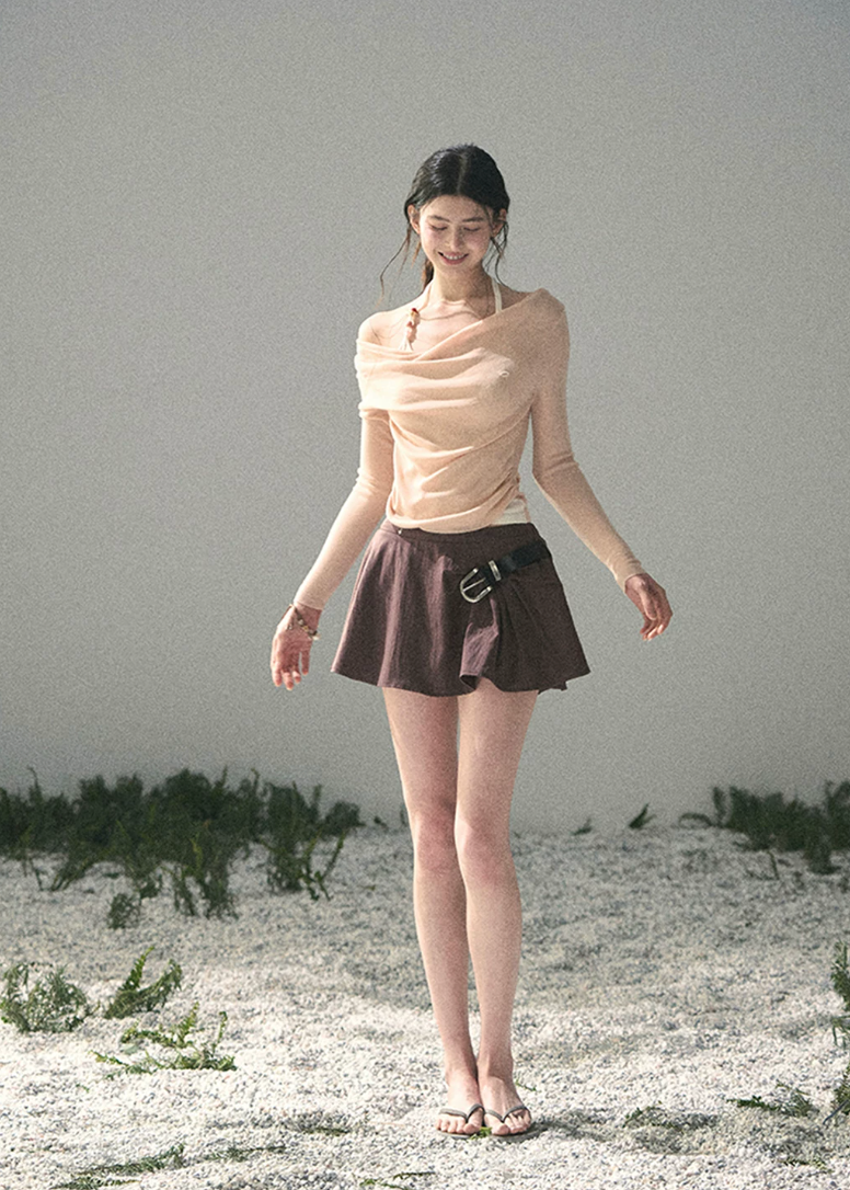 aomalm top, off shoulder top, halter layered top, korean fashion top, lyocell long sleeve top, feminine spring top, slim fit off shoulder blouse, romantic korean outfit, soft blue top women, fake two piece top, elegant casual top, spring summer top women