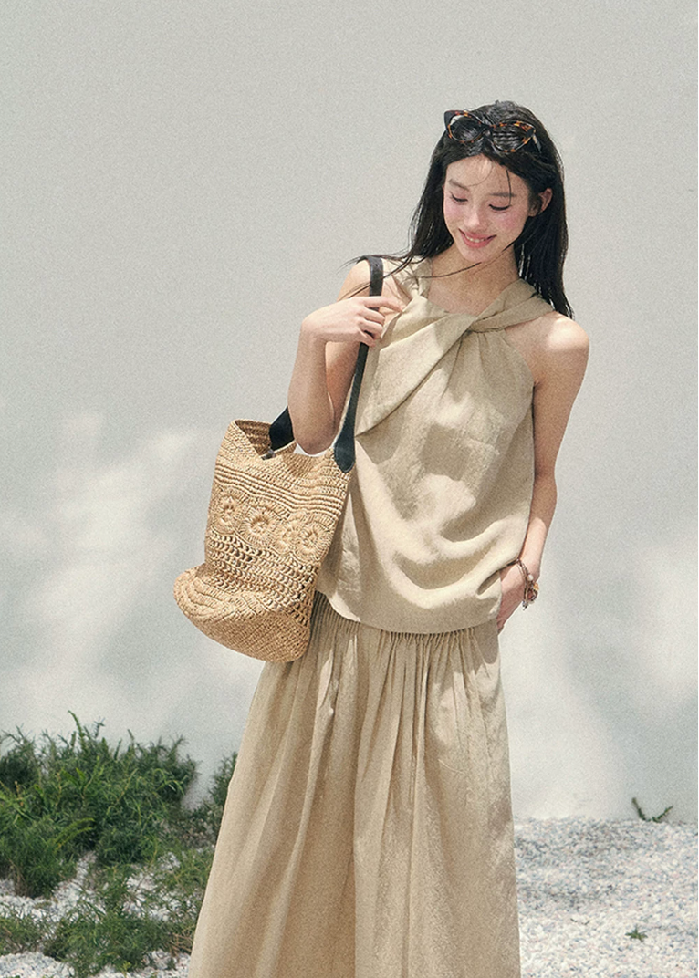 aomalm set, tencel two piece set, khaki summer set, korean fashion set, wide leg pants set, sleeveless top and pants set, feminine korean outfit, relaxed summer co ord, vacation outfit women, soft drape set, minimalist summer outfit, elegant casual set women