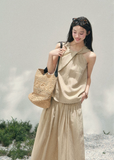 aomalm set, tencel two piece set, khaki summer set, korean fashion set, wide leg pants set, sleeveless top and pants set, feminine korean outfit, relaxed summer co ord, vacation outfit women, soft drape set, minimalist summer outfit, elegant casual set women