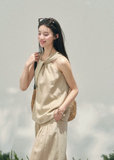 aomalm set, tencel two piece set, khaki summer set, korean fashion set, wide leg pants set, sleeveless top and pants set, feminine korean outfit, relaxed summer co ord, vacation outfit women, soft drape set, minimalist summer outfit, elegant casual set women