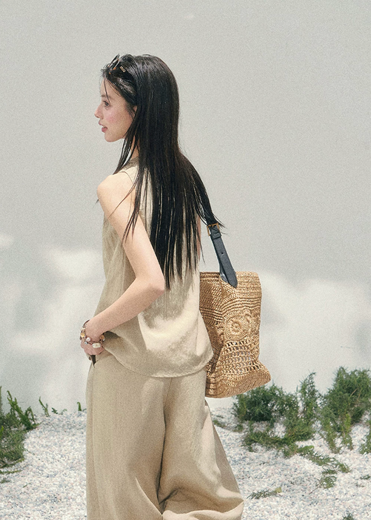 aomalm set, tencel two piece set, khaki summer set, korean fashion set, wide leg pants set, sleeveless top and pants set, feminine korean outfit, relaxed summer co ord, vacation outfit women, soft drape set, minimalist summer outfit, elegant casual set women