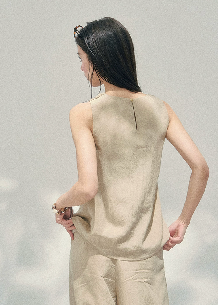 aomalm set, tencel two piece set, khaki summer set, korean fashion set, wide leg pants set, sleeveless top and pants set, feminine korean outfit, relaxed summer co ord, vacation outfit women, soft drape set, minimalist summer outfit, elegant casual set women