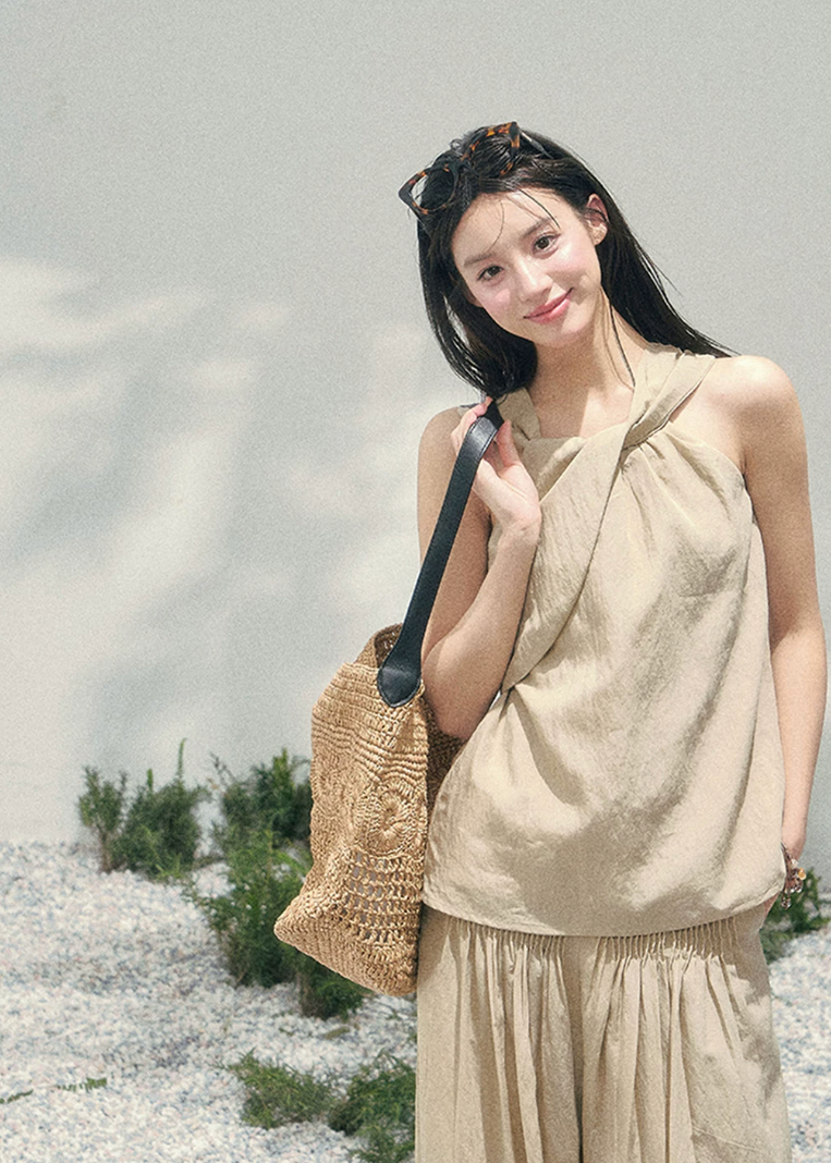aomalm set, tencel two piece set, khaki summer set, korean fashion set, wide leg pants set, sleeveless top and pants set, feminine korean outfit, relaxed summer co ord, vacation outfit women, soft drape set, minimalist summer outfit, elegant casual set women