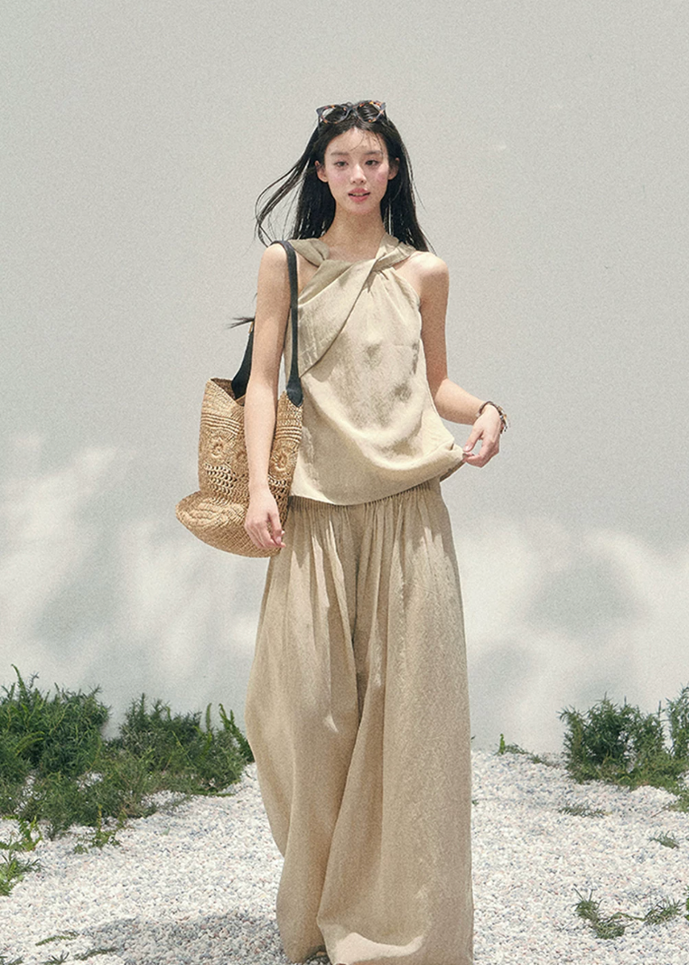 aomalm set, tencel two piece set, khaki summer set, korean fashion set, wide leg pants set, sleeveless top and pants set, feminine korean outfit, relaxed summer co ord, vacation outfit women, soft drape set, minimalist summer outfit, elegant casual set women