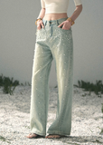aomalm jeans, beaded jeans women, wide leg jeans women, pearl detail denim, korean fashion jeans, light blue denim pants, high waist wide leg jeans, straight leg denim women, embellished jeans, feminine korean outfit, romantic denim pants, casual summer jeans, soft blue jeans women