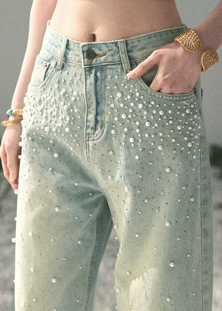 aomalm jeans, beaded jeans women, wide leg jeans women, pearl detail denim, korean fashion jeans, light blue denim pants, high waist wide leg jeans, straight leg denim women, embellished jeans, feminine korean outfit, romantic denim pants, casual summer jeans, soft blue jeans women