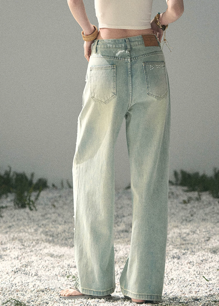 aomalm jeans, beaded jeans women, wide leg jeans women, pearl detail denim, korean fashion jeans, light blue denim pants, high waist wide leg jeans, straight leg denim women, embellished jeans, feminine korean outfit, romantic denim pants, casual summer jeans, soft blue jeans women