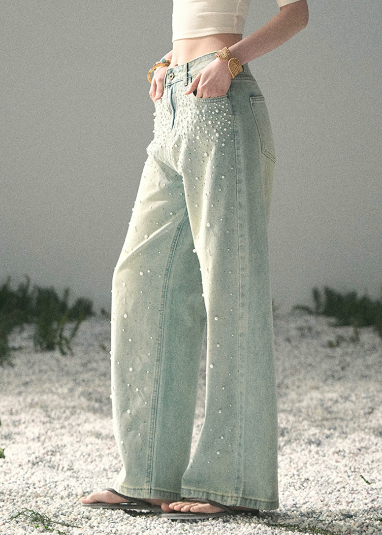 aomalm jeans, beaded jeans women, wide leg jeans women, pearl detail denim, korean fashion jeans, light blue denim pants, high waist wide leg jeans, straight leg denim women, embellished jeans, feminine korean outfit, romantic denim pants, casual summer jeans, soft blue jeans women