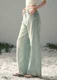 aomalm jeans, beaded jeans women, wide leg jeans women, pearl detail denim, korean fashion jeans, light blue denim pants, high waist wide leg jeans, straight leg denim women, embellished jeans, feminine korean outfit, romantic denim pants, casual summer jeans, soft blue jeans women