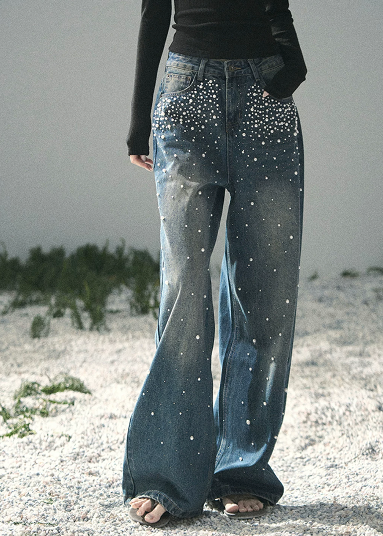 aomalm jeans, beaded jeans women, wide leg jeans women, pearl detail denim, korean fashion jeans, light blue denim pants, high waist wide leg jeans, straight leg denim women, embellished jeans, feminine korean outfit, romantic denim pants, casual summer jeans, soft blue jeans women