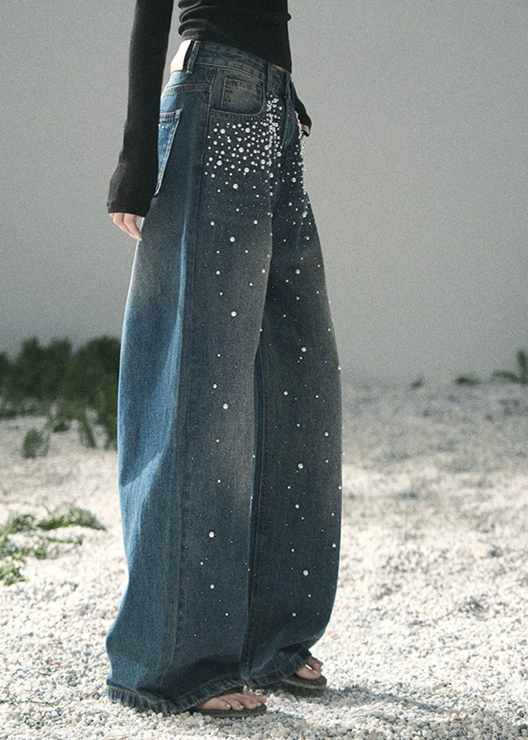 aomalm jeans, beaded jeans women, wide leg jeans women, pearl detail denim, korean fashion jeans, light blue denim pants, high waist wide leg jeans, straight leg denim women, embellished jeans, feminine korean outfit, romantic denim pants, casual summer jeans, soft blue jeans women