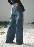 aomalm jeans, beaded jeans women, wide leg jeans women, pearl detail denim, korean fashion jeans, light blue denim pants, high waist wide leg jeans, straight leg denim women, embellished jeans, feminine korean outfit, romantic denim pants, casual summer jeans, soft blue jeans women