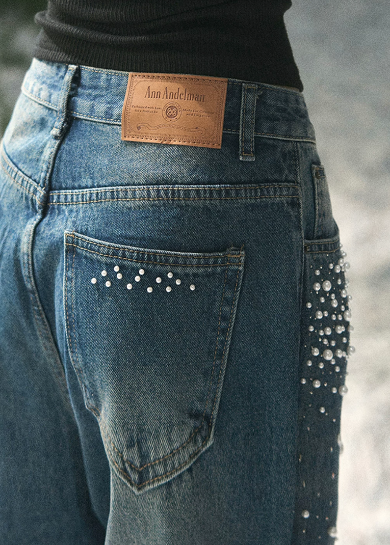 aomalm jeans, beaded jeans women, wide leg jeans women, pearl detail denim, korean fashion jeans, light blue denim pants, high waist wide leg jeans, straight leg denim women, embellished jeans, feminine korean outfit, romantic denim pants, casual summer jeans, soft blue jeans women