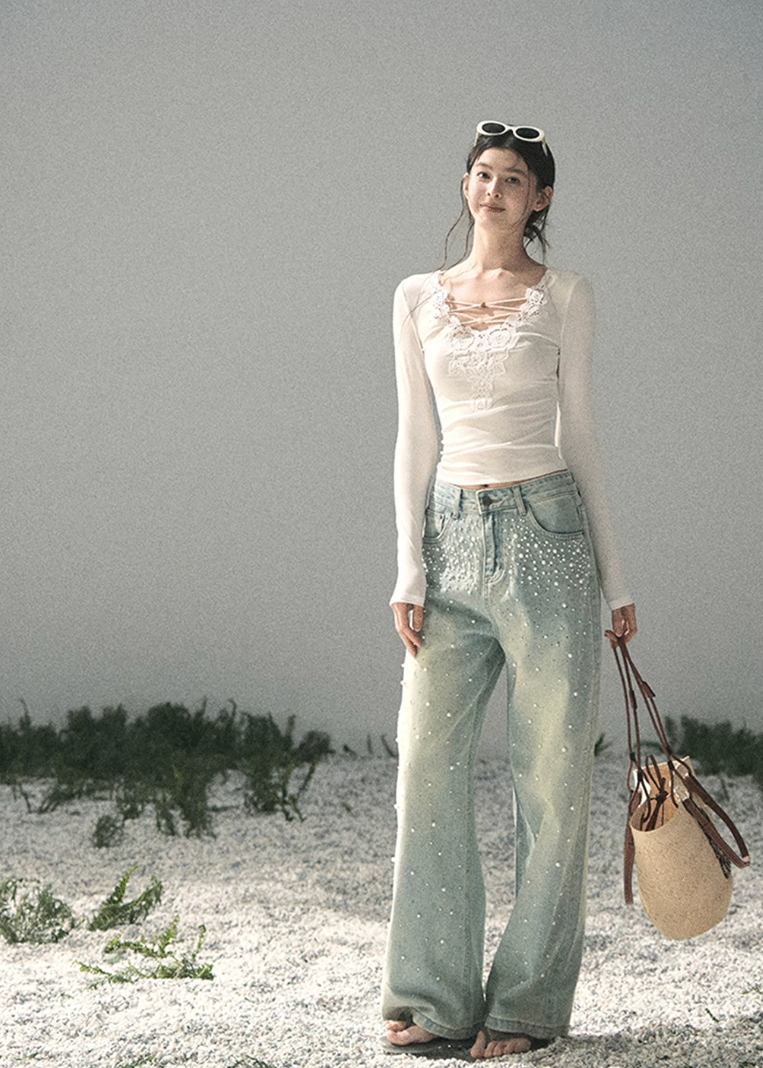 aomalm jeans, beaded jeans women, wide leg jeans women, pearl detail denim, korean fashion jeans, light blue denim pants, high waist wide leg jeans, straight leg denim women, embellished jeans, feminine korean outfit, romantic denim pants, casual summer jeans, soft blue jeans women