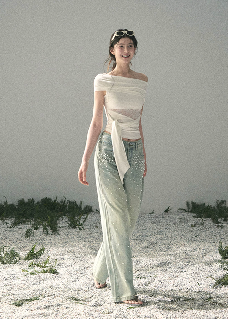 aomalm jeans, beaded jeans women, wide leg jeans women, pearl detail denim, korean fashion jeans, light blue denim pants, high waist wide leg jeans, straight leg denim women, embellished jeans, feminine korean outfit, romantic denim pants, casual summer jeans, soft blue jeans women