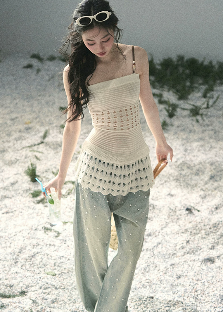 aomalm jeans, beaded jeans women, wide leg jeans women, pearl detail denim, korean fashion jeans, light blue denim pants, high waist wide leg jeans, straight leg denim women, embellished jeans, feminine korean outfit, romantic denim pants, casual summer jeans, soft blue jeans women
