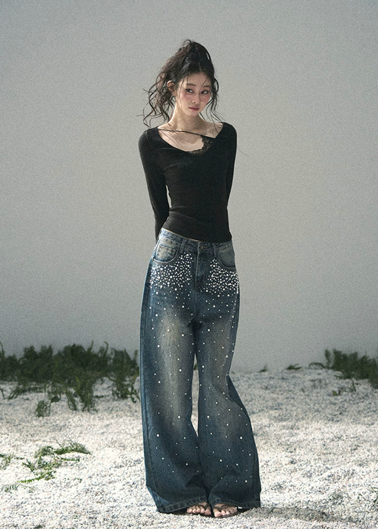 aomalm jeans, beaded jeans women, wide leg jeans women, pearl detail denim, korean fashion jeans, light blue denim pants, high waist wide leg jeans, straight leg denim women, embellished jeans, feminine korean outfit, romantic denim pants, casual summer jeans, soft blue jeans women