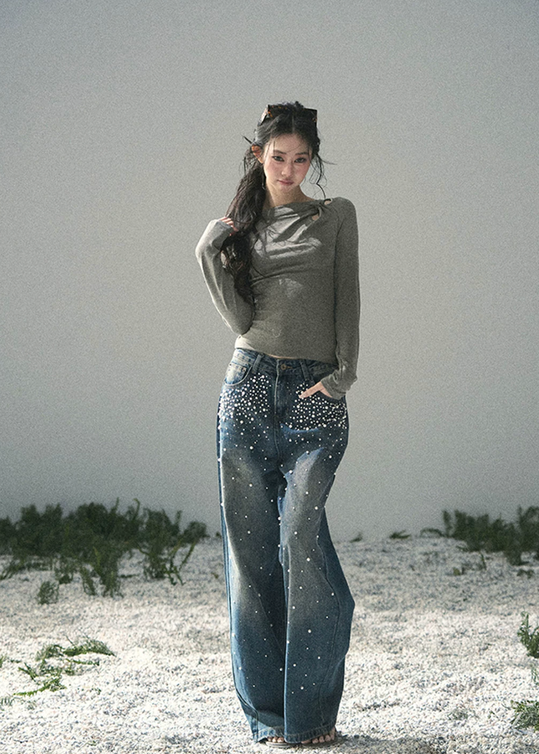 aomalm jeans, beaded jeans women, wide leg jeans women, pearl detail denim, korean fashion jeans, light blue denim pants, high waist wide leg jeans, straight leg denim women, embellished jeans, feminine korean outfit, romantic denim pants, casual summer jeans, soft blue jeans women