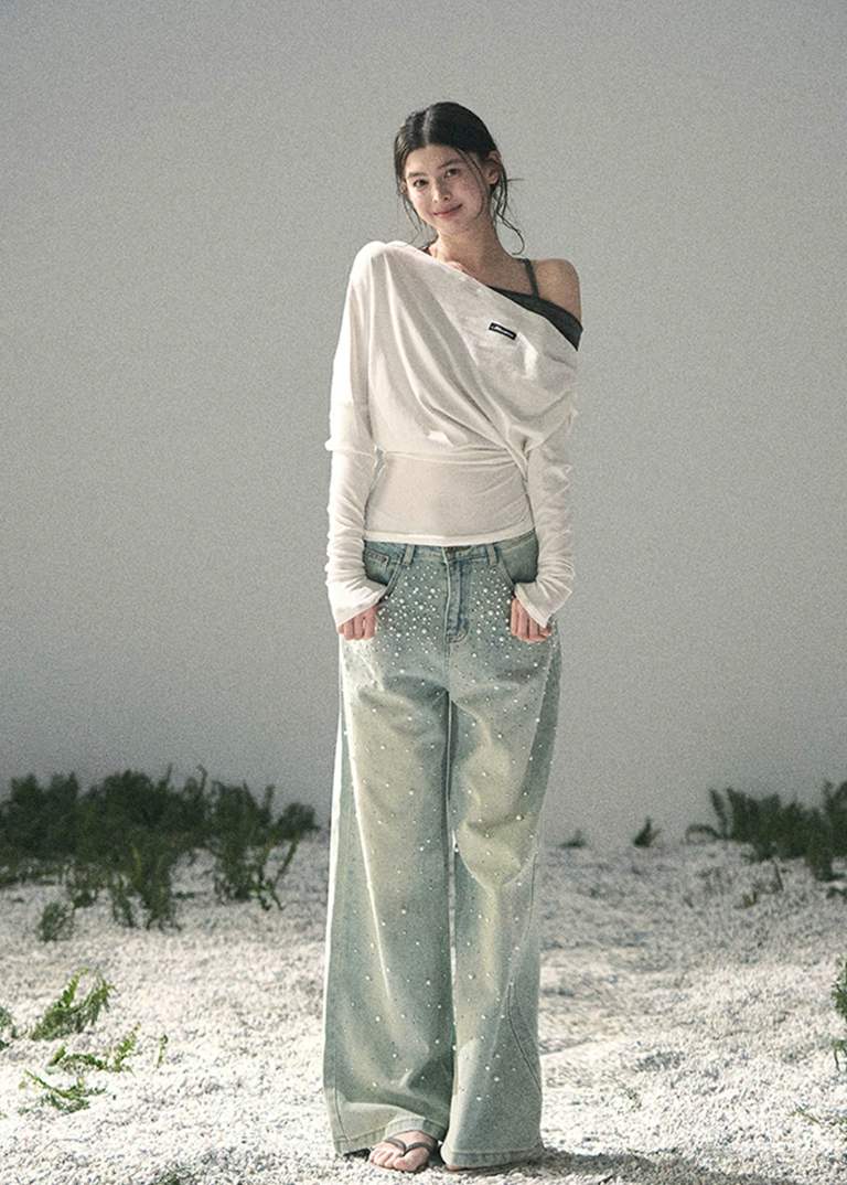 aomalm jeans, beaded jeans women, wide leg jeans women, pearl detail denim, korean fashion jeans, light blue denim pants, high waist wide leg jeans, straight leg denim women, embellished jeans, feminine korean outfit, romantic denim pants, casual summer jeans, soft blue jeans women