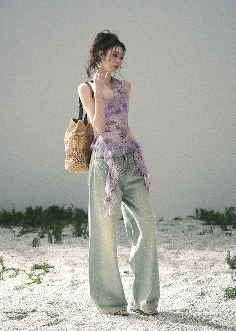 aomalm jeans, beaded jeans women, wide leg jeans women, pearl detail denim, korean fashion jeans, light blue denim pants, high waist wide leg jeans, straight leg denim women, embellished jeans, feminine korean outfit, romantic denim pants, casual summer jeans, soft blue jeans women