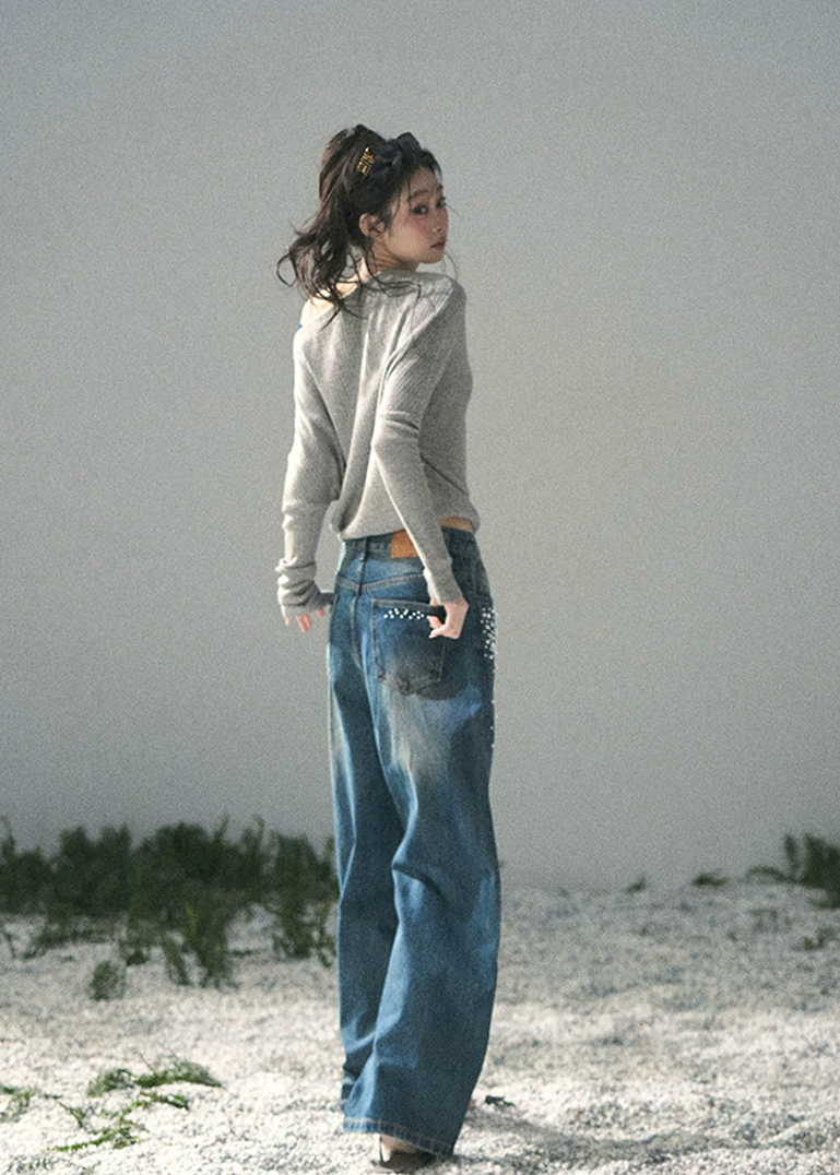 aomalm jeans, beaded jeans women, wide leg jeans women, pearl detail denim, korean fashion jeans, light blue denim pants, high waist wide leg jeans, straight leg denim women, embellished jeans, feminine korean outfit, romantic denim pants, casual summer jeans, soft blue jeans women
