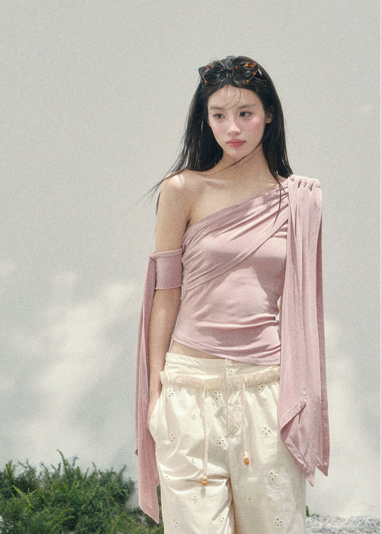 aomalm top, one shoulder top, blush pink top, asymmetric drape top, korean fashion top, feminine spring top, waist slimming top, romantic summer top, acetate blend top, draped shoulder blouse, elegant going out top, soft girl outfit top