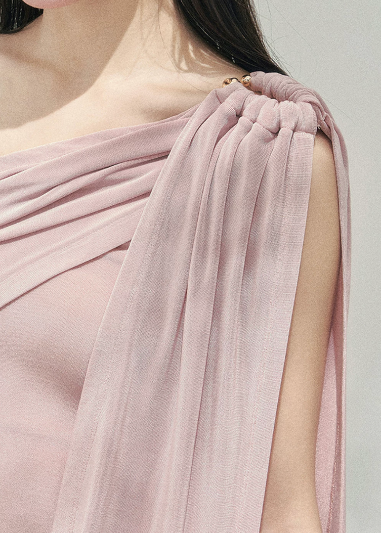 aomalm top, one shoulder top, blush pink top, asymmetric drape top, korean fashion top, feminine spring top, waist slimming top, romantic summer top, acetate blend top, draped shoulder blouse, elegant going out top, soft girl outfit top