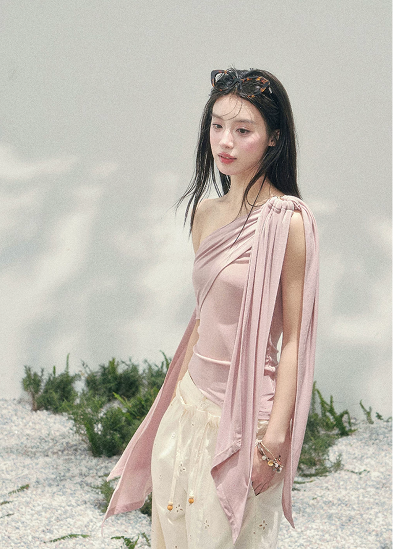 aomalm top, one shoulder top, blush pink top, asymmetric drape top, korean fashion top, feminine spring top, waist slimming top, romantic summer top, acetate blend top, draped shoulder blouse, elegant going out top, soft girl outfit top