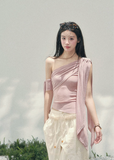 aomalm top, one shoulder top, blush pink top, asymmetric drape top, korean fashion top, feminine spring top, waist slimming top, romantic summer top, acetate blend top, draped shoulder blouse, elegant going out top, soft girl outfit top