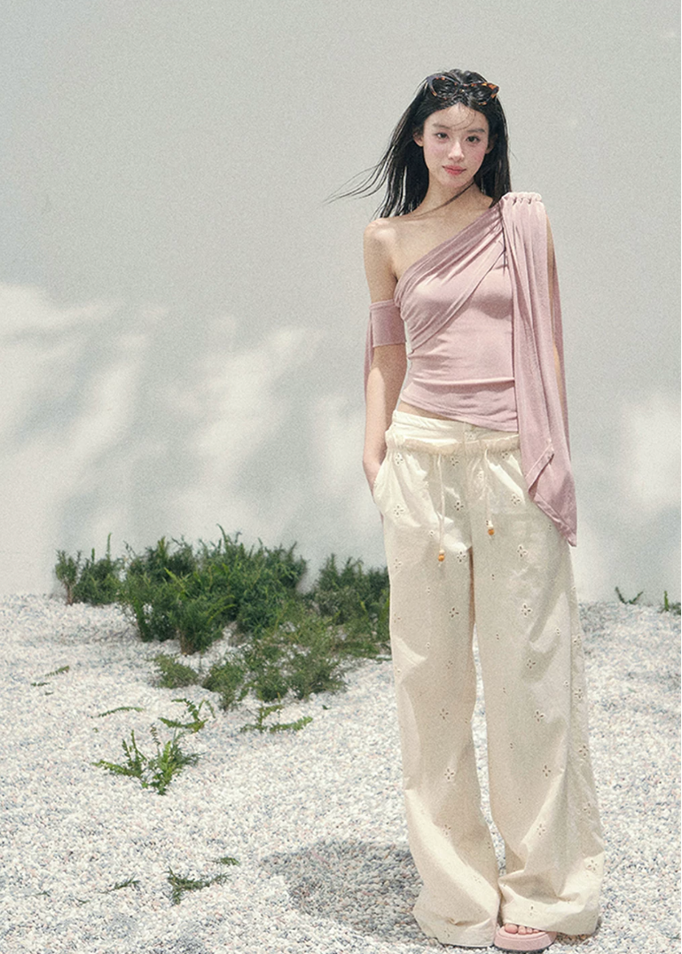 aomalm top, one shoulder top, blush pink top, asymmetric drape top, korean fashion top, feminine spring top, waist slimming top, romantic summer top, acetate blend top, draped shoulder blouse, elegant going out top, soft girl outfit top