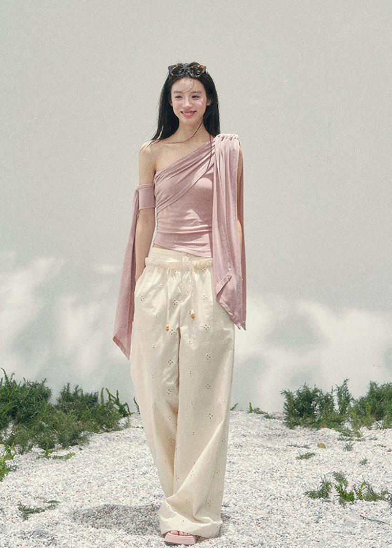 aomalm top, one shoulder top, blush pink top, asymmetric drape top, korean fashion top, feminine spring top, waist slimming top, romantic summer top, acetate blend top, draped shoulder blouse, elegant going out top, soft girl outfit top