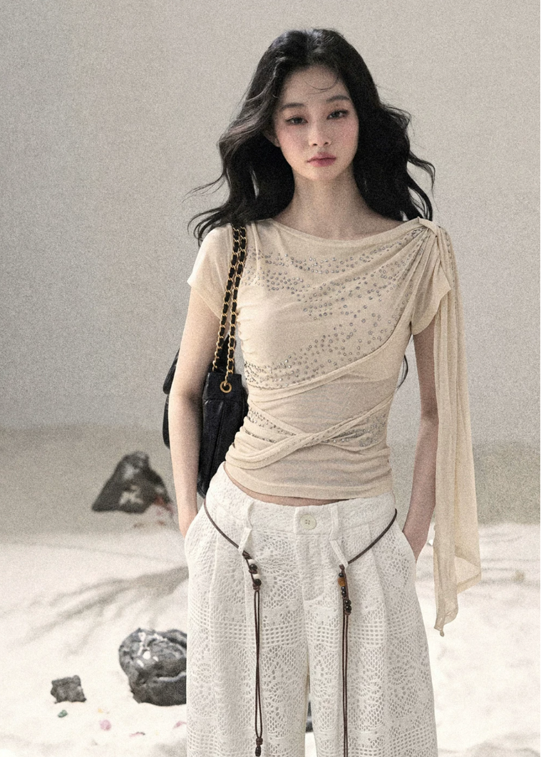 aomalm top, off shoulder top, sleeveless off shoulder top, korean fashion top, feminine summer top, waist slimming top, draped summer blouse, romantic korean outfit, elegant off shoulder blouse, slim fit summer top, soft going out top, refined feminine top