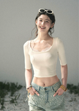 aomalm top, lace trim top, cropped summer top, feminine korean top, scoop neck fitted tee, slim fit cropped top, short sleeve lace top, korean fashion top, soft girl summer top, waist slimming top, white fitted summer tee, delicate everyday top