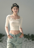 aomalm top, lace trim top, cropped summer top, feminine korean top, scoop neck fitted tee, slim fit cropped top, short sleeve lace top, korean fashion top, soft girl summer top, waist slimming top, white fitted summer tee, delicate everyday top