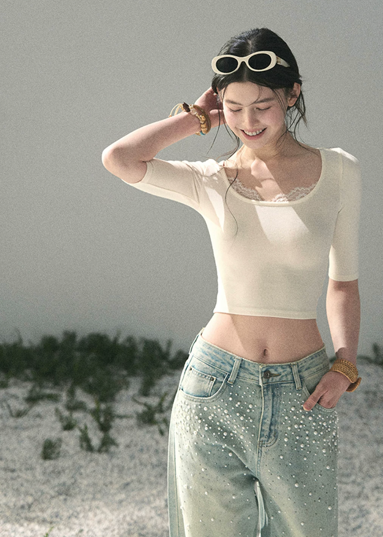 aomalm top, lace trim top, cropped summer top, feminine korean top, scoop neck fitted tee, slim fit cropped top, short sleeve lace top, korean fashion top, soft girl summer top, waist slimming top, white fitted summer tee, delicate everyday top