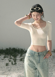 aomalm top, lace trim top, cropped summer top, feminine korean top, scoop neck fitted tee, slim fit cropped top, short sleeve lace top, korean fashion top, soft girl summer top, waist slimming top, white fitted summer tee, delicate everyday top