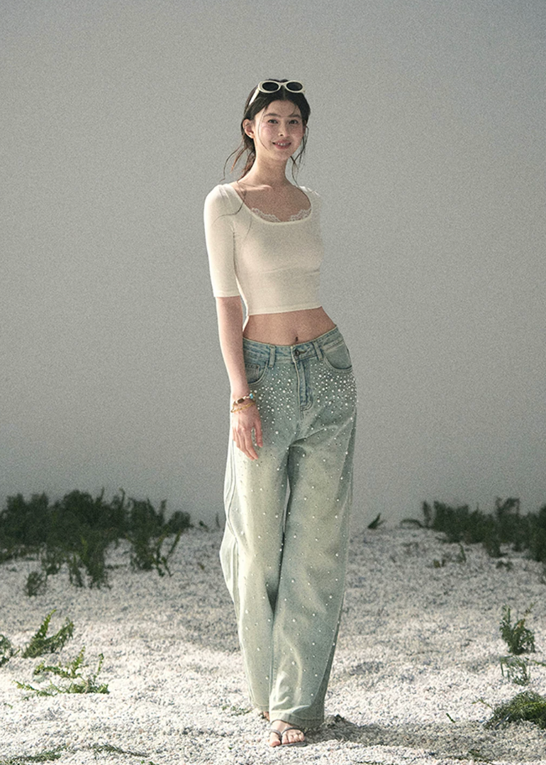 aomalm top, lace trim top, cropped summer top, feminine korean top, scoop neck fitted tee, slim fit cropped top, short sleeve lace top, korean fashion top, soft girl summer top, waist slimming top, white fitted summer tee, delicate everyday top