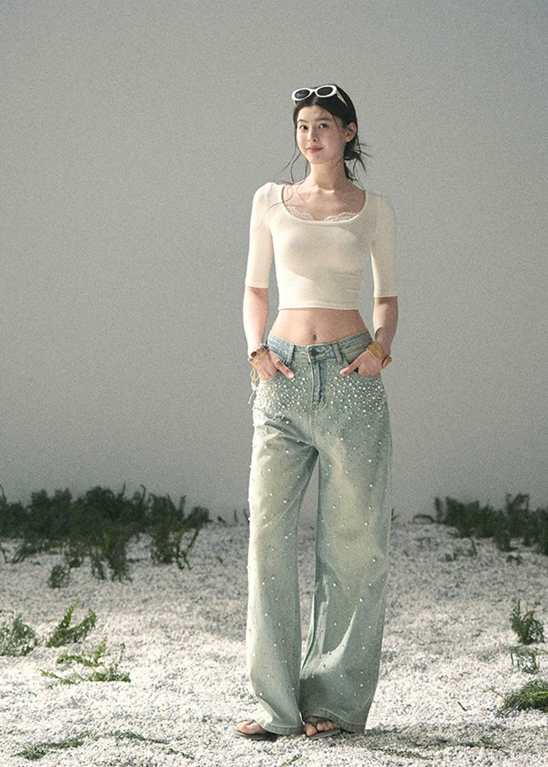 aomalm top, lace trim top, cropped summer top, feminine korean top, scoop neck fitted tee, slim fit cropped top, short sleeve lace top, korean fashion top, soft girl summer top, waist slimming top, white fitted summer tee, delicate everyday top