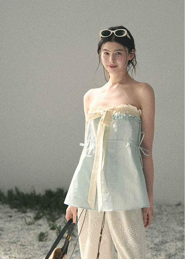 aomalm top, blue bandeau top, ribbon summer top, feminine korean top, french style camisole, ruffle neckline top, cotton summer top, sweet bandeau blouse, soft blue summer top, korean fashion top, romantic summer outfit, vacation top women