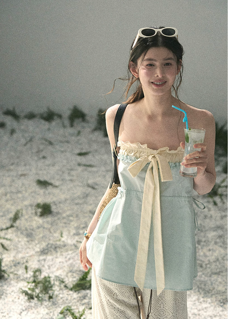 aomalm top, blue bandeau top, ribbon summer top, feminine korean top, french style camisole, ruffle neckline top, cotton summer top, sweet bandeau blouse, soft blue summer top, korean fashion top, romantic summer outfit, vacation top women