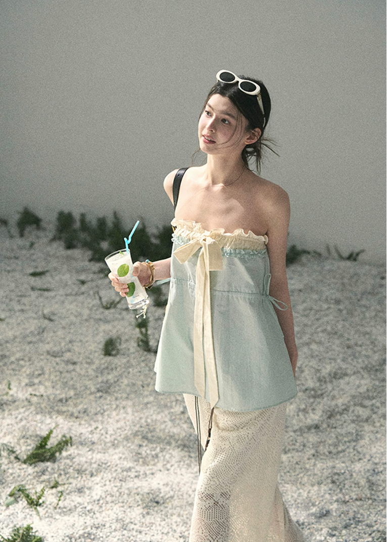aomalm top, blue bandeau top, ribbon summer top, feminine korean top, french style camisole, ruffle neckline top, cotton summer top, sweet bandeau blouse, soft blue summer top, korean fashion top, romantic summer outfit, vacation top women