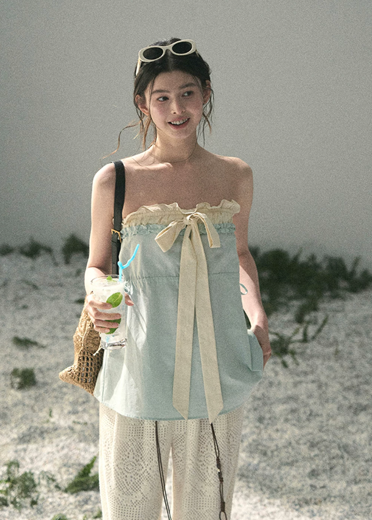 aomalm top, blue bandeau top, ribbon summer top, feminine korean top, french style camisole, ruffle neckline top, cotton summer top, sweet bandeau blouse, soft blue summer top, korean fashion top, romantic summer outfit, vacation top women