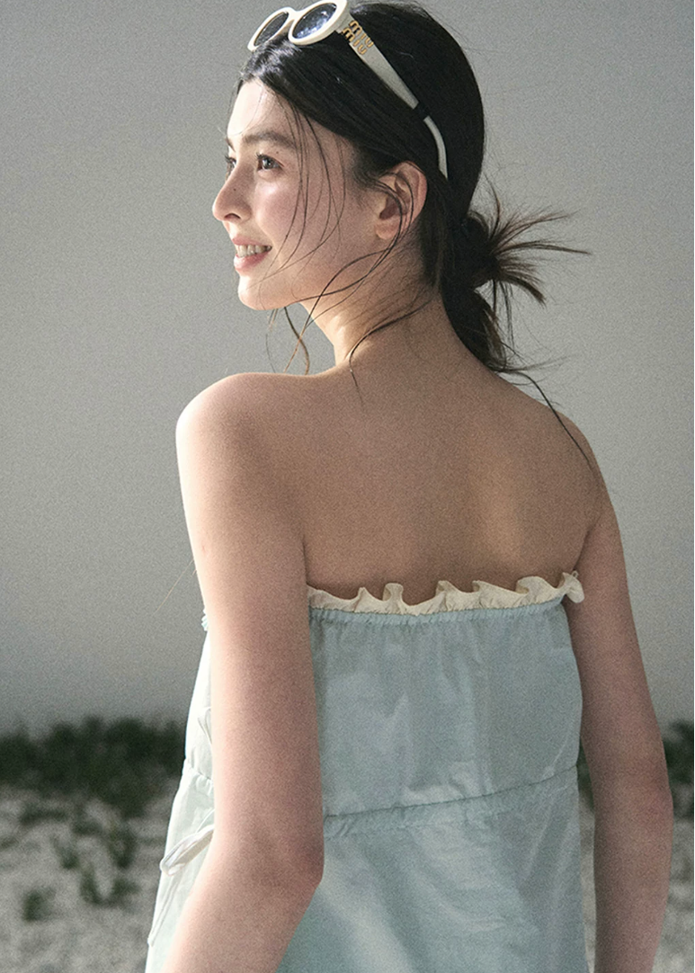 aomalm top, blue bandeau top, ribbon summer top, feminine korean top, french style camisole, ruffle neckline top, cotton summer top, sweet bandeau blouse, soft blue summer top, korean fashion top, romantic summer outfit, vacation top women
