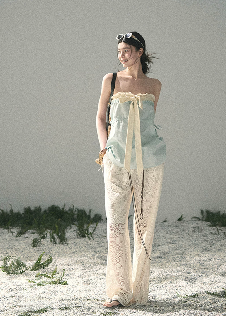 aomalm top, blue bandeau top, ribbon summer top, feminine korean top, french style camisole, ruffle neckline top, cotton summer top, sweet bandeau blouse, soft blue summer top, korean fashion top, romantic summer outfit, vacation top women