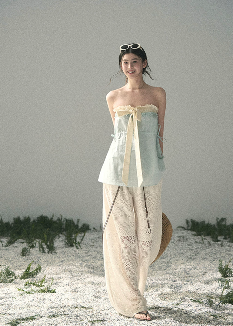 aomalm top, blue bandeau top, ribbon summer top, feminine korean top, french style camisole, ruffle neckline top, cotton summer top, sweet bandeau blouse, soft blue summer top, korean fashion top, romantic summer outfit, vacation top women