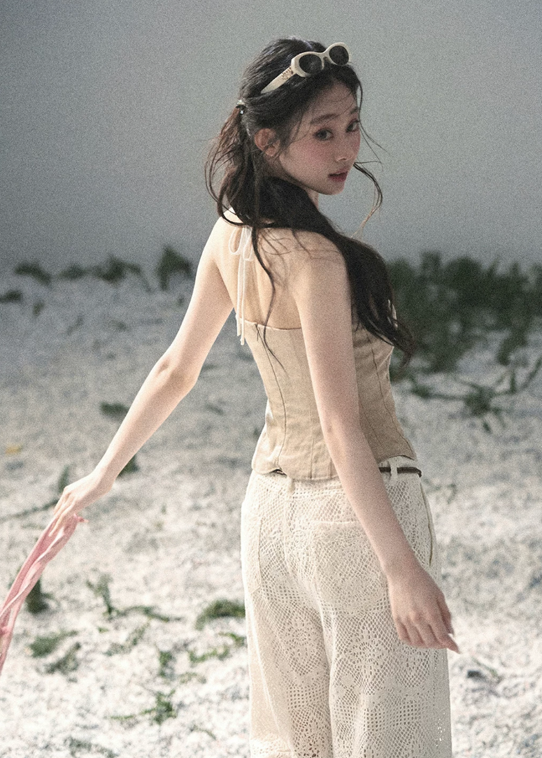 aomalm top, strapless top women, french strapless top, waist cinching top, beige bandeau top, draped summer top, feminine korean top, romantic summer blouse, sleeveless fitted top, tencel blend top, elegant going out top, summer date outfit top