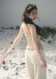 aomalm top, strapless top women, french strapless top, waist cinching top, beige bandeau top, draped summer top, feminine korean top, romantic summer blouse, sleeveless fitted top, tencel blend top, elegant going out top, summer date outfit top